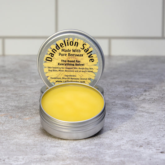 Tin of Dandelion Salve with Pure Beeswax on a gray surface